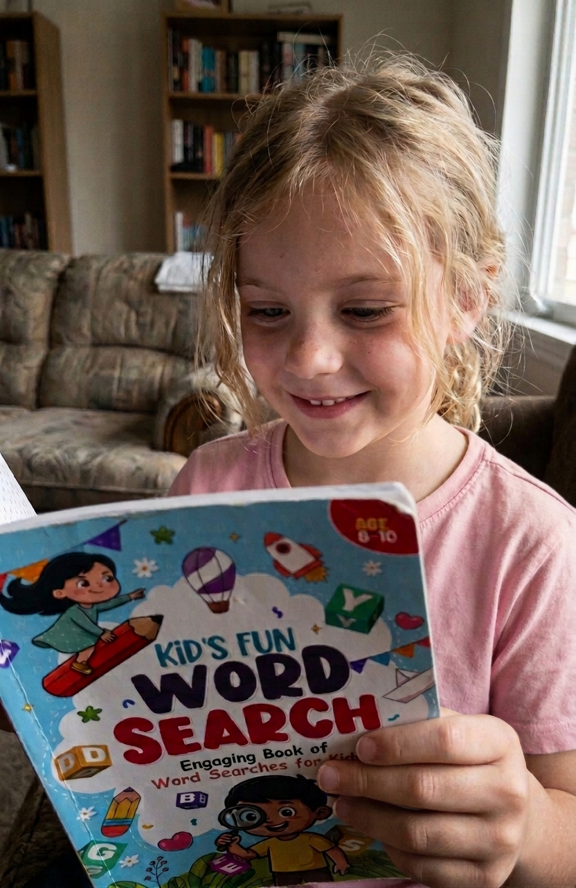 Child smiling while reading Kids Fun Word Search book