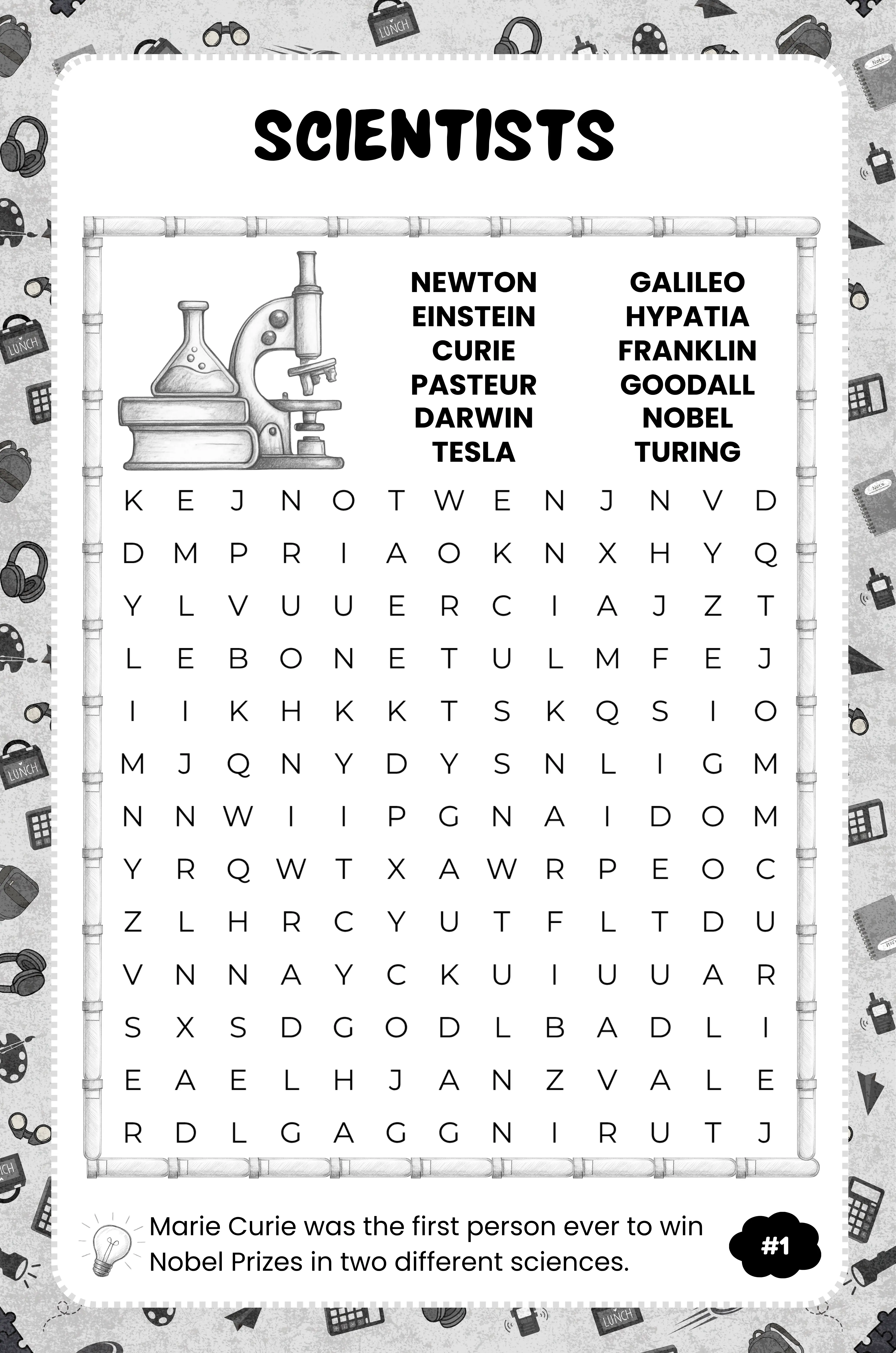 Scientists word search sample page