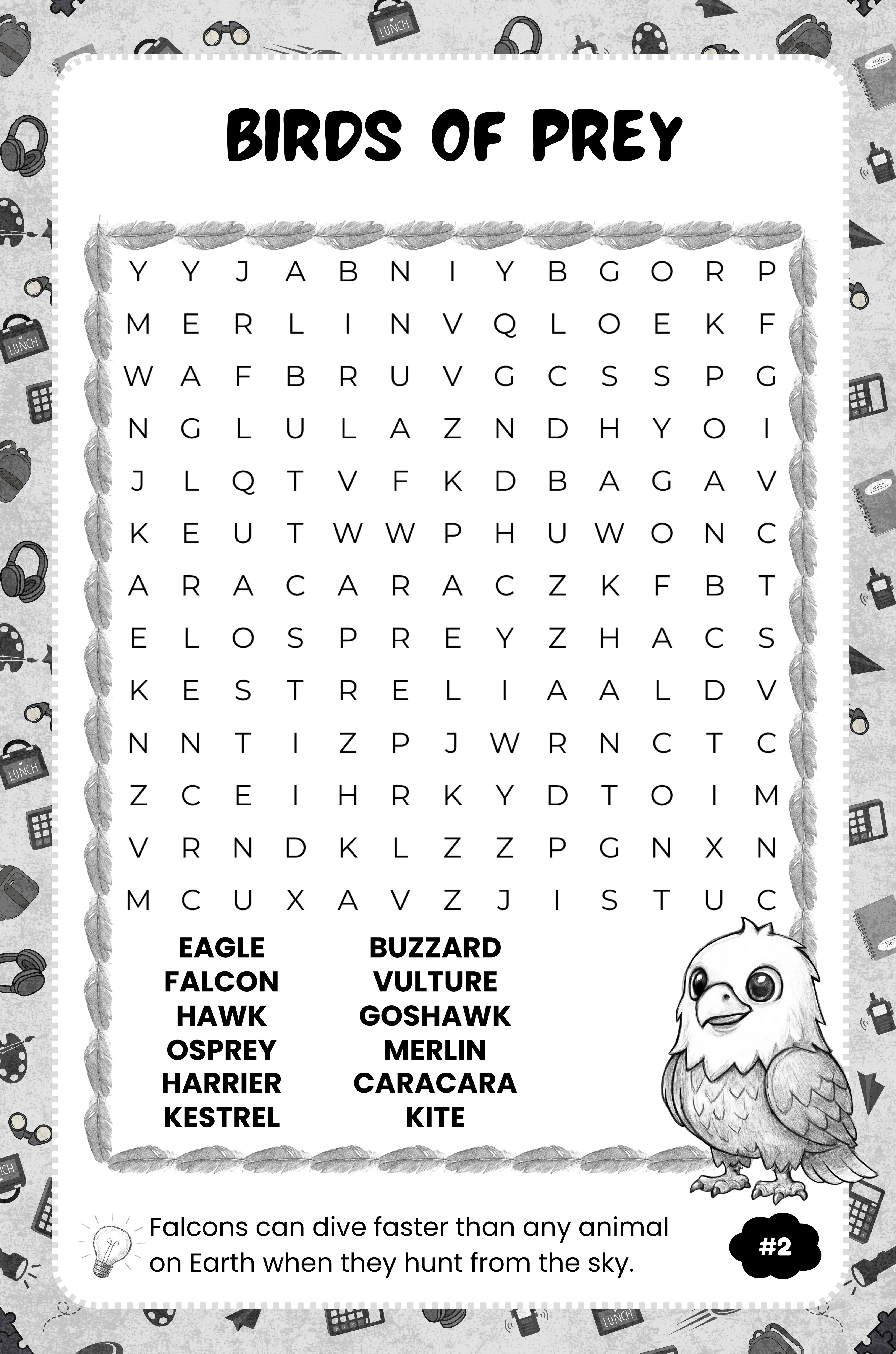 Birds of Prey word search sample page