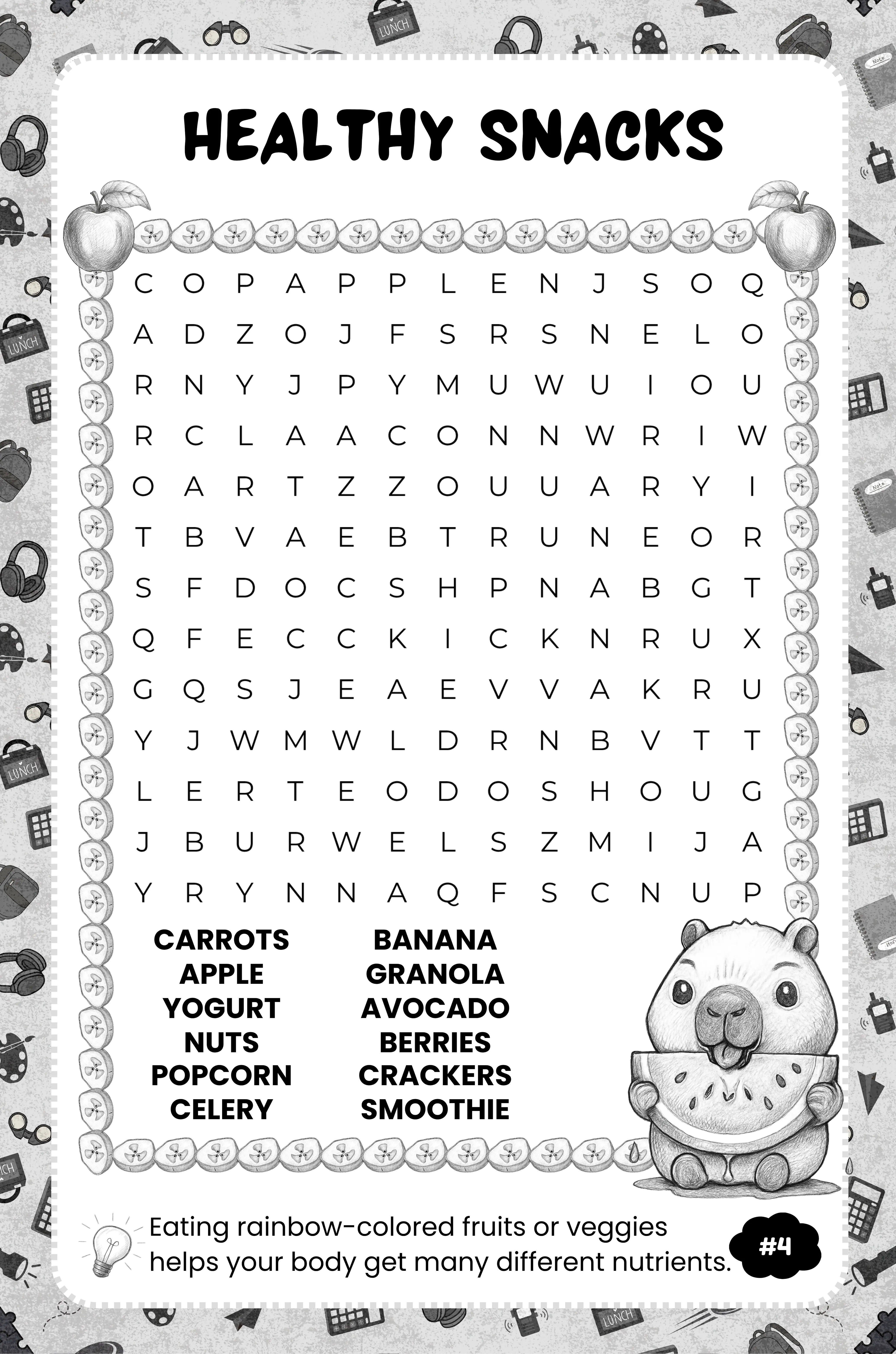 Healthy Snacks word search sample page