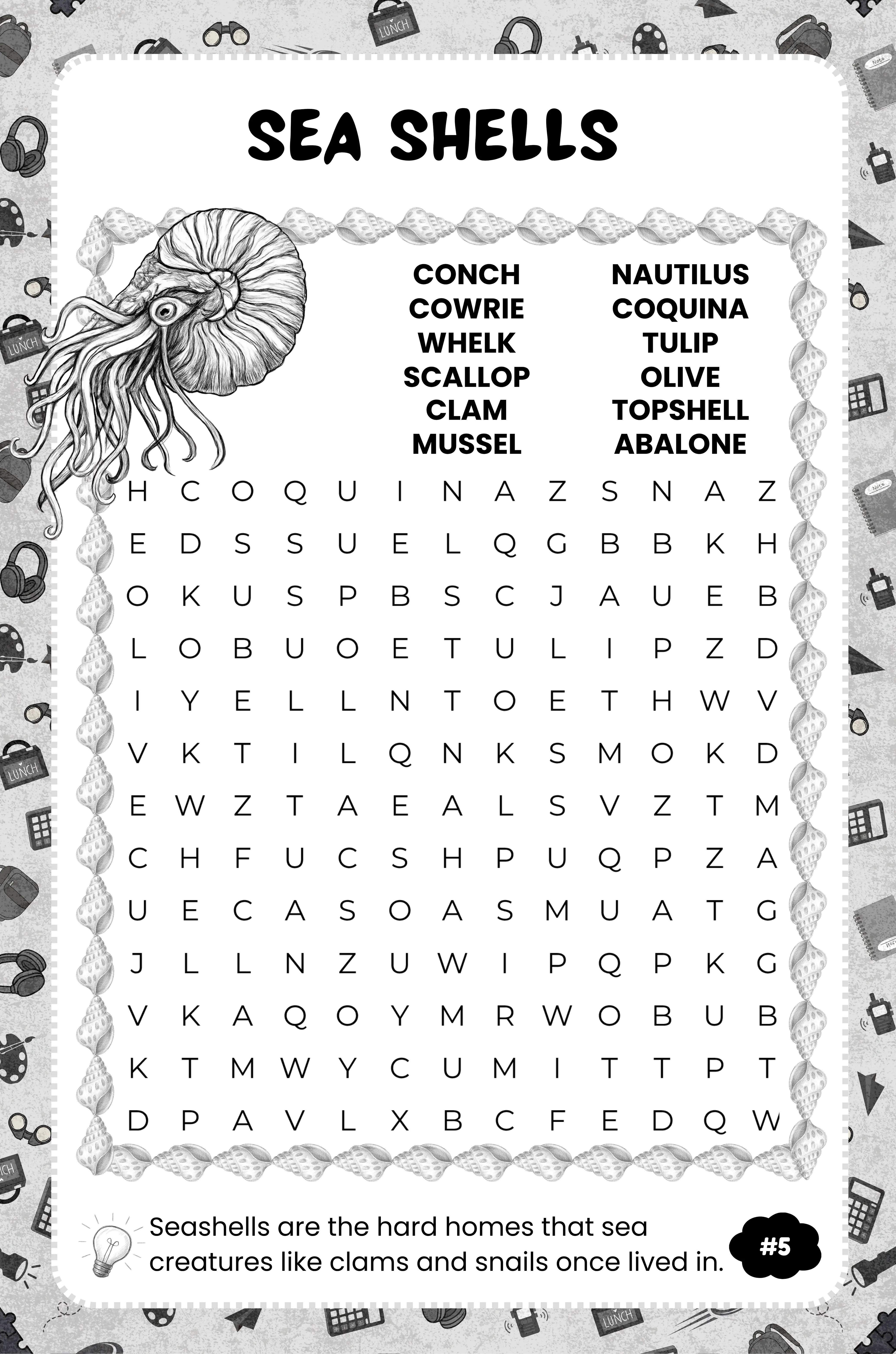 Sea Shells word search sample page